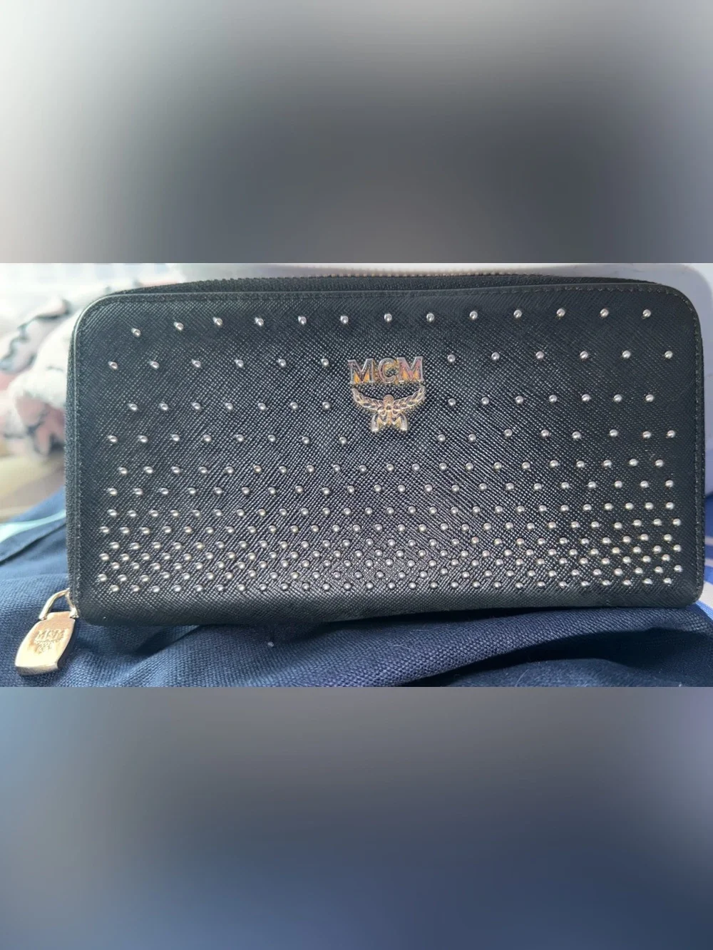 EUC - MCM Black Studded Zip-Around Wallet with Gold Logo